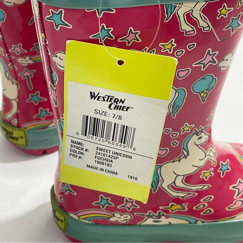 NWT Western Chief Girls Fuchsia Pink Sweet Unicorn Rain‎ Boots Size 7/8 Shoes